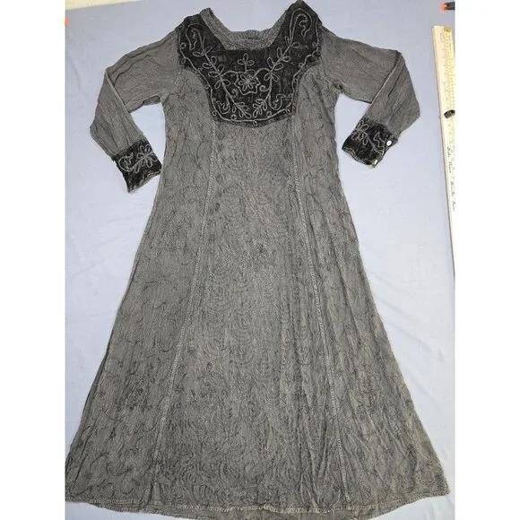 Sacred Thread Gray Embroidered Long Sleeve Maxi Dress Free Size Boho Velvet - Picture 2 of 7